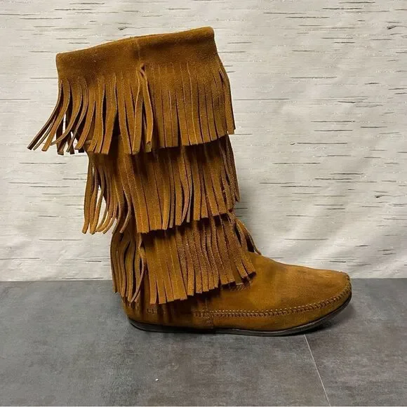 Minnetonka Women’s 3-Layer Fringe Brown Suede Leather Boots Size 8 - Picture 8 of 16